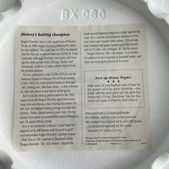NWT.  Vintage Rogers Hornsby The .424 Season Series collectible plate. - Picture 7 of 8